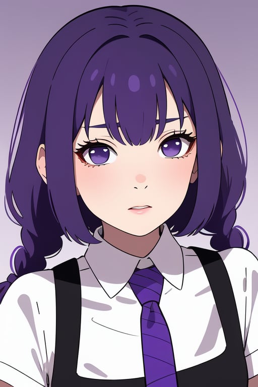 sumirekakeitimeskippo, cute, purple hair, black dress, purple tie, purple eyes, twin braids, bracelets, 