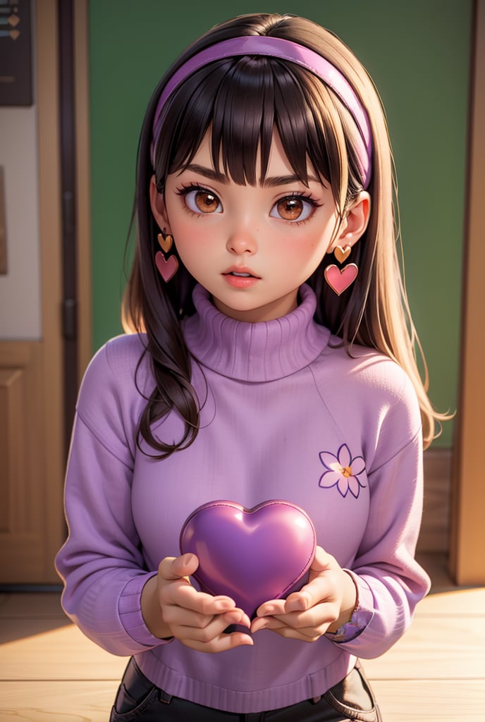 black straight hair with bangs, purple headband, round brown eyes, large golden heart-shaped earrings, lavender long-sleeved sweater with flower designs