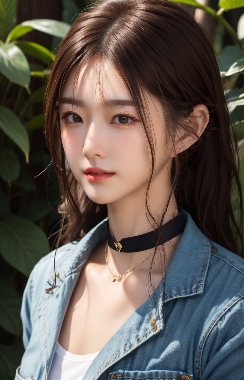 8K, 1girl, solo, sweet face, delicate face, white hair, long hair, looking at viewer, bangs, brown hair, brown eyes, upper body, outdoors, hydrated lips, simple background, black choker, denim, realistic, YEN2