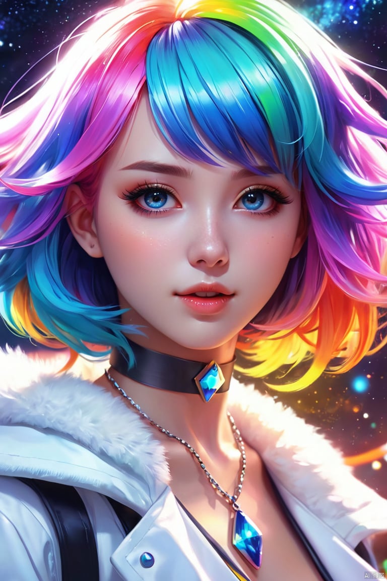  Close-up of a woman with colorful hair and necklace, anime girl with cosmic hair, Rossdraws' soft vibrancy, Gouviz-style artwork, fantasy art style, colorful], vibrant fantasy style, Rossdraws cartoon full of energy, cosmic and colorful, Guweiz, colorful digital fantasy art, stunning art style, beautiful anime style, white skin, night coat,
