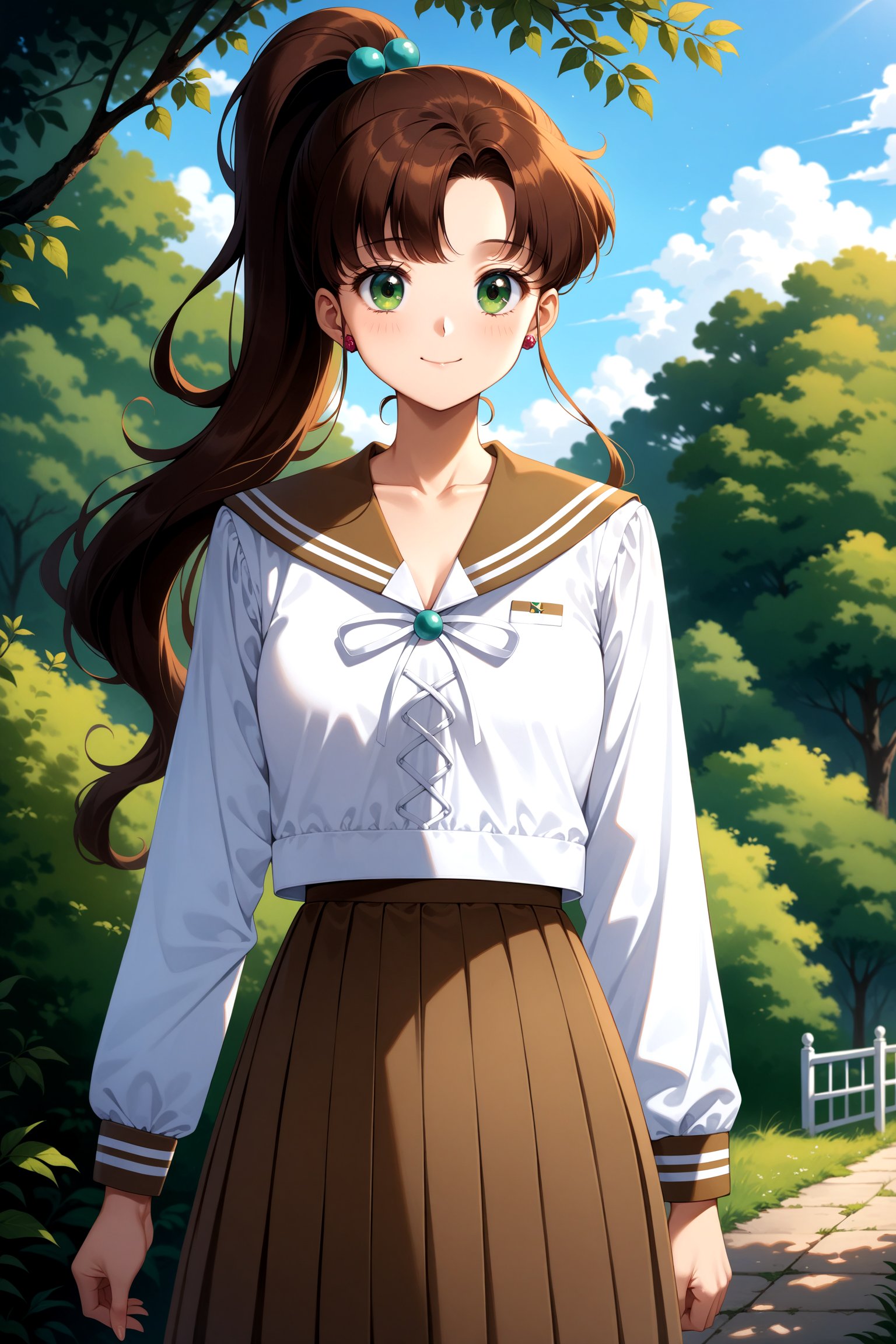 (masterpiece, best quality, very aesthetic, ultra detailed), intricate details, 4k, aajupiter, long hair, ponytail, hair bobbles, green eyes, serafuku, brown sailor collar, white shirt, long sleeves, long skirt, brown skirt, <lora:sailor_jupiter_XL_v1:0.9>, standing, cowboy shot, outdoors, smile