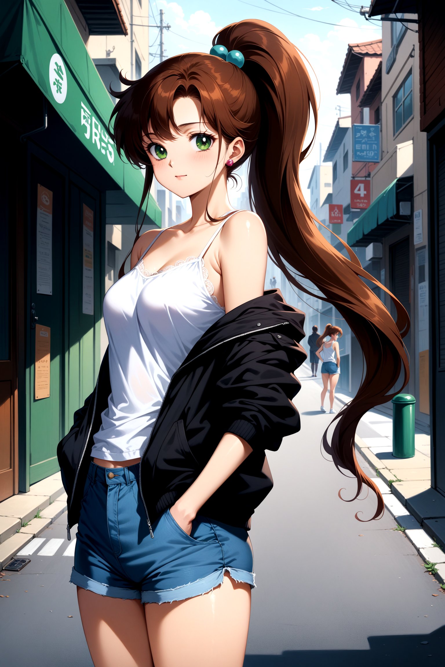 (masterpiece, best quality, very aesthetic, ultra detailed), intricate details, 4k, aajupiter, long hair, ponytail, hair bobbles, green eyes, <lora:sailor_jupiter_XL_v1:0.9>, shirt, shorts, camisole, sleeveless, street, black jacket, off shoulder, hands in pockets,