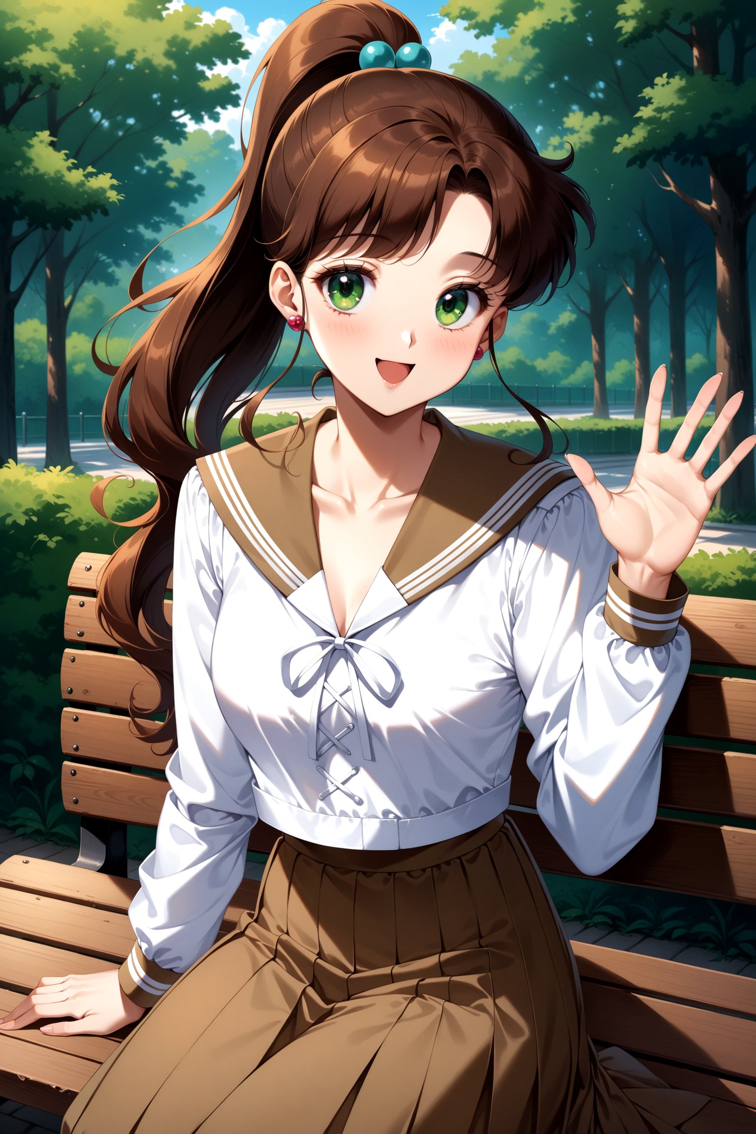 (masterpiece, best quality, very aesthetic, ultra detailed), intricate details, aajupiter, long hair, ponytail, hair bobbles, green eyes, serafuku, brown sailor collar, white shirt, long sleeves, long skirt, brown skirt, <lora:sailor_jupiter_XL_v1:0.9>, sitting, bench, waving, smile, open mouth, outdoors