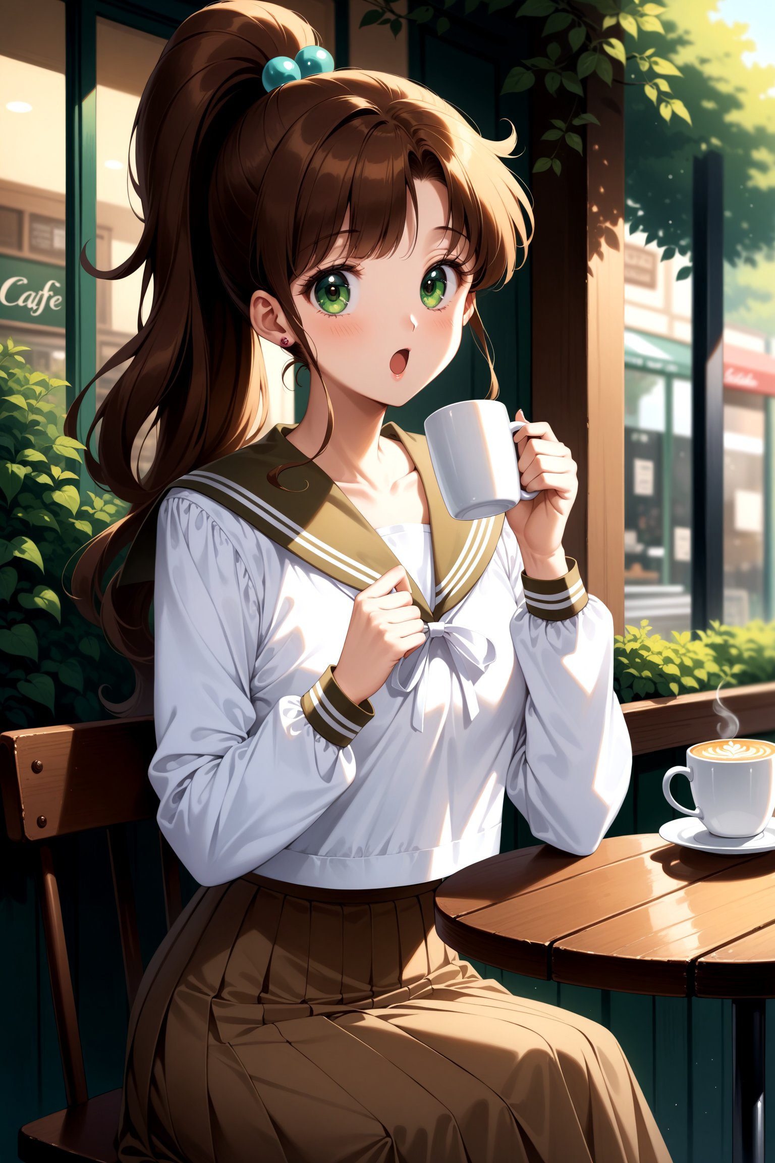 (masterpiece, best quality, very aesthetic, ultra detailed), intricate details, 4k, aajupiter, long hair, ponytail, hair bobbles, green eyes, serafuku, brown sailor collar, white shirt, long sleeves, long skirt, brown skirt, <lora:sailor_jupiter_XL_v1:0.9>, cafe, sitting, :o. holding cup, smile