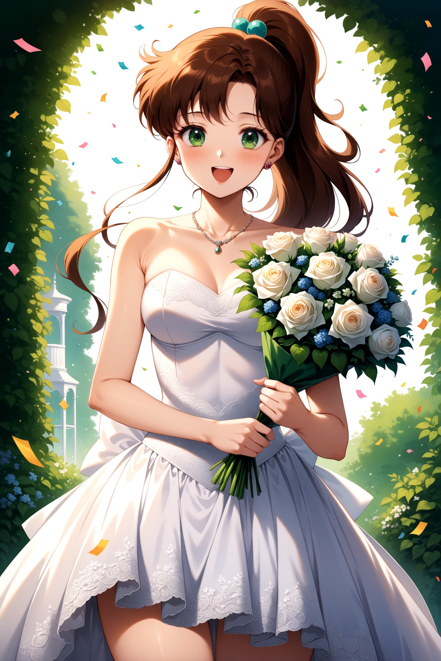 (masterpiece, best quality, very aesthetic, ultra detailed), intricate details, 4k, aajupiter, long hair, ponytail, hair bobbles, green eyes, <lora:sailor_jupiter_XL_v1:0.9>, wedding dress, white dress, smile, necklace, strapless, open mouth, garden, holding bouquet, cowboy shot, confetti,