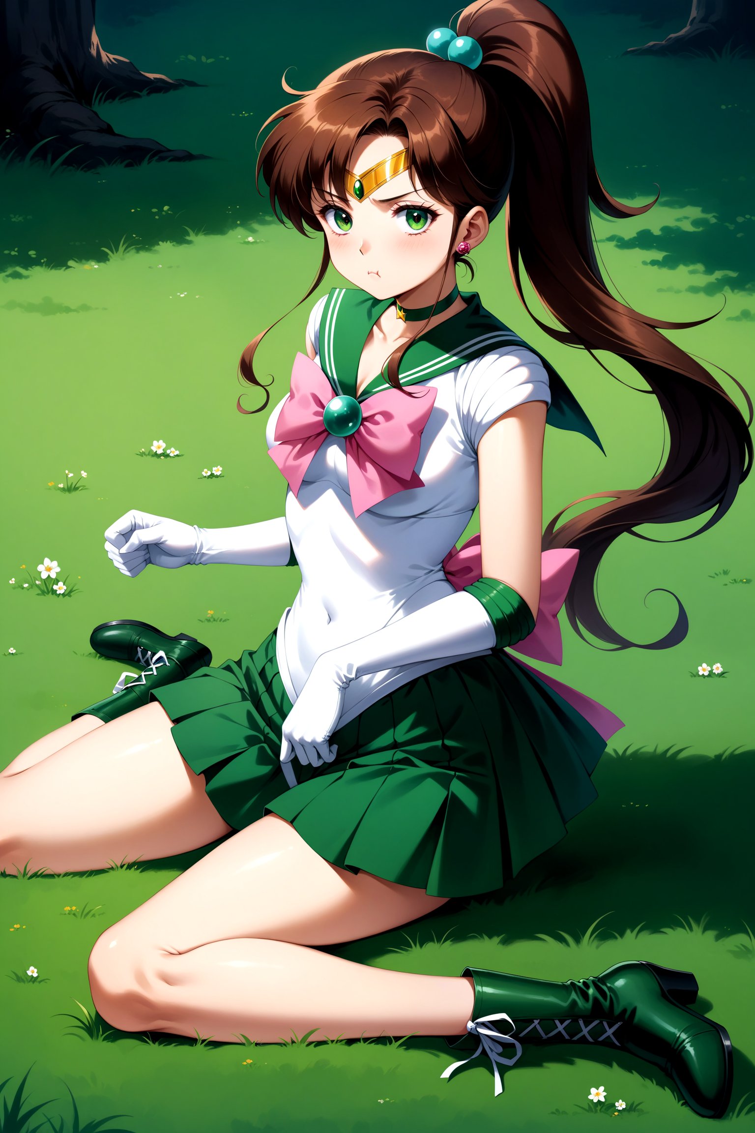 (masterpiece, best quality, very aesthetic, ultra detailed), intricate details, 4k, aajupiter, long hair, ponytail, hair bobbles, tiara, earrings, green eyes, green choker, green sailor collar, pink bowtie, white shirt, white leotard, elbow gloves, white gloves, green skirt, pink bow, <lora:sailor_jupiter_XL_v1:0.9>, boots, green footwear, wariza, grass, pout,