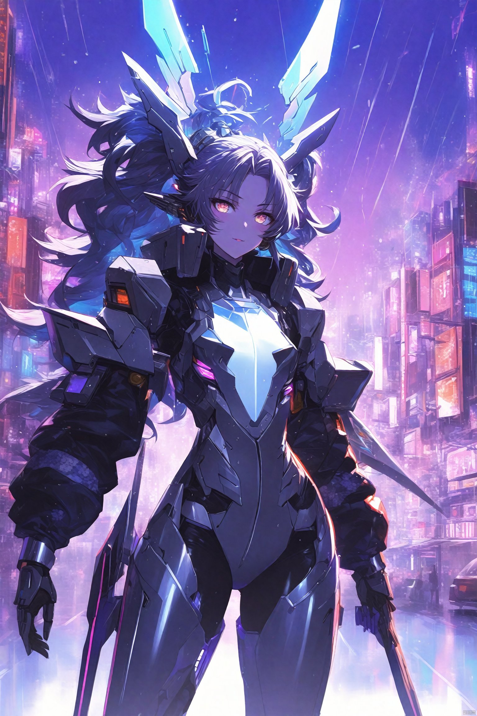  {{master piece}},best quality,illustration,1girl,small breast,beatiful detailed eyes,beatiful detailed cyberpunk city,t,beatiful detailed hair,wavy hair,beatiful detailed steet,mecha clothes,robot girl,cool movement,sliver bodysuit,{filigree},dargon wings,colorful background,a dragon  stands behind the girl,rainy days,{lightning effect},beatiful detailed sliver dragon arnour,（cold face）, myinv, (\lang lang\), tera kas