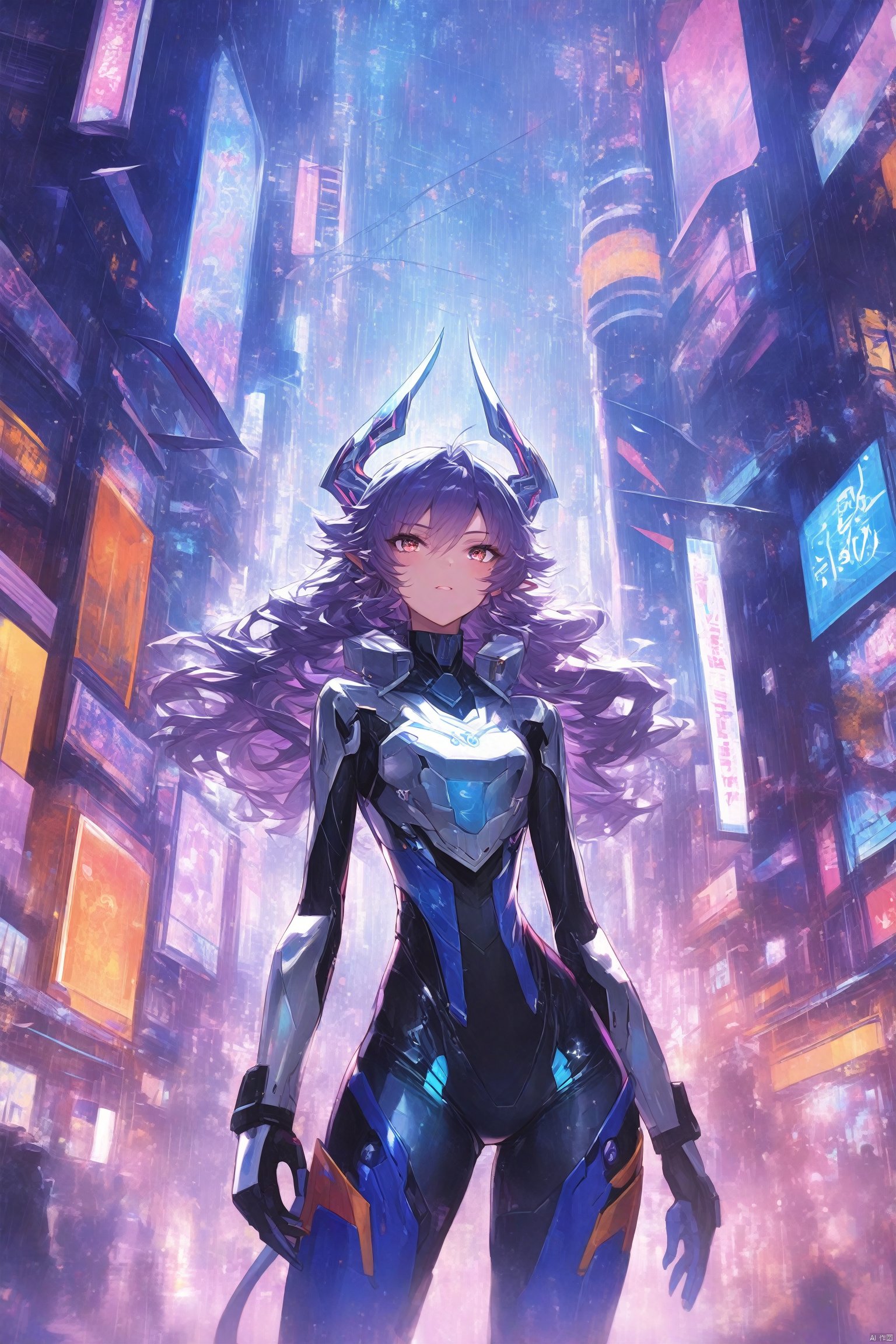  {{master piece}},best quality,illustration,1girl,small breast,beatiful detailed eyes,beatiful detailed cyberpunk city,t,beatiful detailed hair,wavy hair,beatiful detailed steet,mecha clothes,robot girl,cool movement,sliver bodysuit,{filigree},dargon wings,colorful background,a dragon  stands behind the girl,rainy days,{lightning effect},beatiful detailed sliver dragon arnour,（cold face）, myinv, (\lang lang\), tera kas