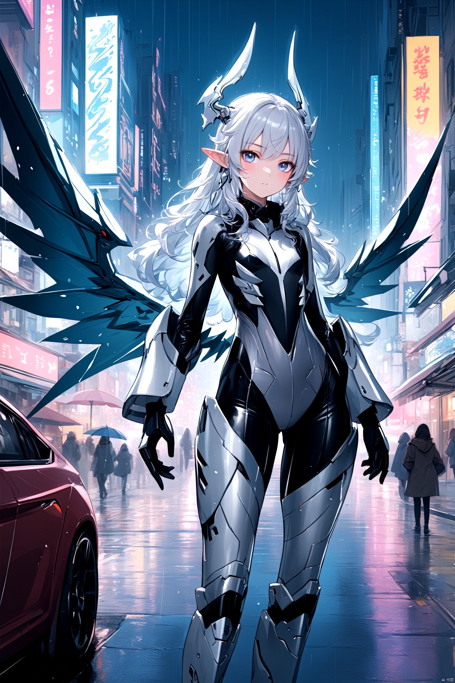  {{master piece}},best quality,illustration,1girl,small breast,beatiful detailed eyes,beatiful detailed cyberpunk city,flat_chest,beatiful detailed hair,wavy hair,beatiful detailed steet,mecha clothes,robot girl,cool movement,sliver bodysuit,{filigree},dargon wings,colorful background,a dragon  stands behind the girl,rainy days,{lightning effect},beatiful detailed sliver dragon arnour,（cold face）, myinv, (\lang lang\),  tera kas