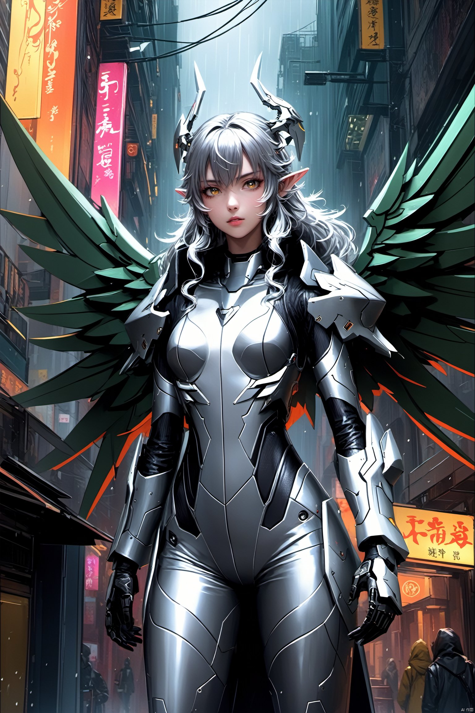  {{master piece}},best quality,illustration,1girl,small breast,beatiful detailed eyes,beatiful detailed cyberpunk city,flat_chest,beatiful detailed hair,wavy hair,beatiful detailed steet,mecha clothes,robot girl,cool movement,sliver bodysuit,{filigree},dargon wings,colorful background,a dragon  stands behind the girl,rainy days,{lightning effect},beatiful detailed sliver dragon arnour,（cold face）, myinv, (\lang lang\),  tera kas