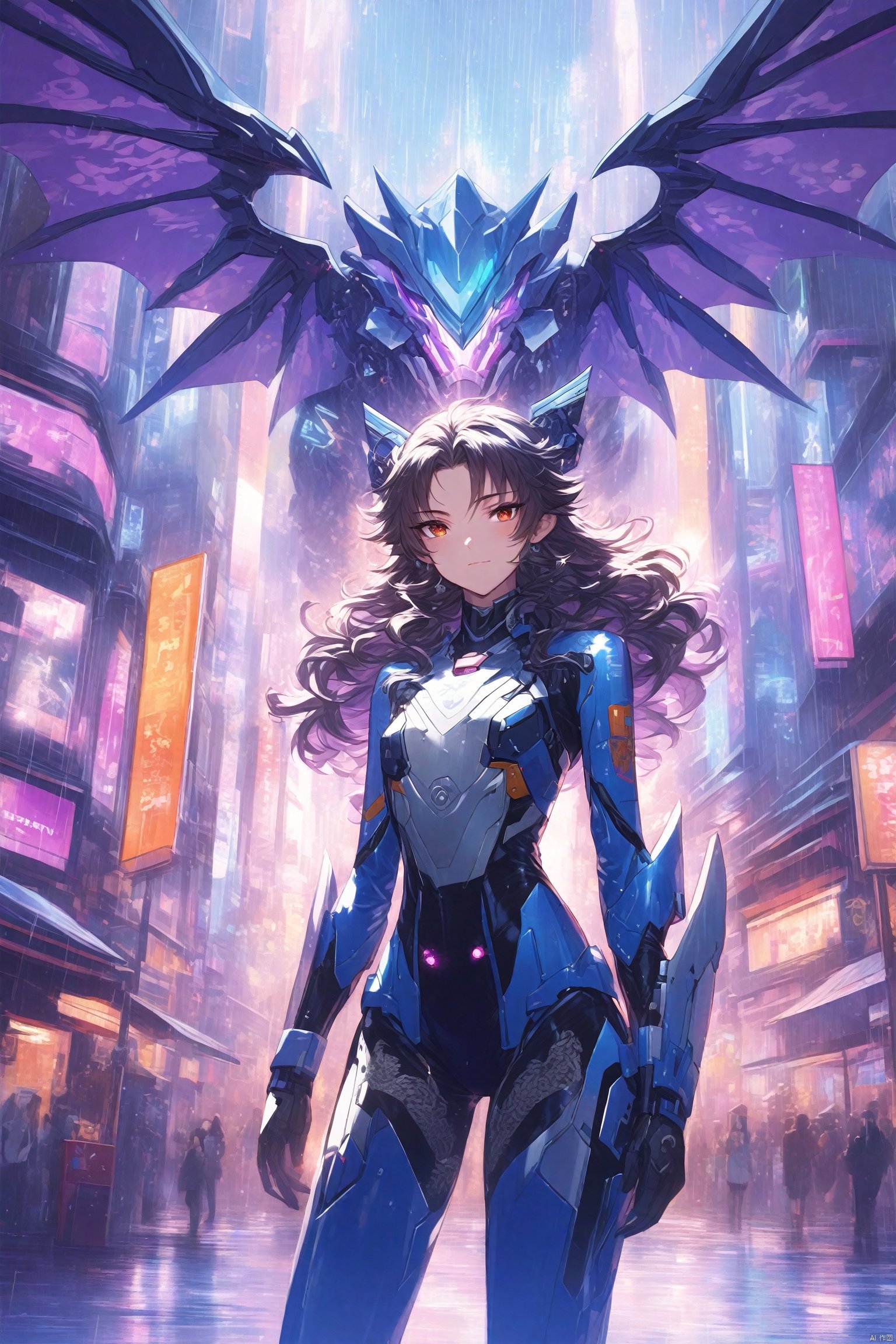  {{master piece}},best quality,illustration,1girl,small breast,beatiful detailed eyes,beatiful detailed cyberpunk city,flat_chest,beatiful detailed hair,wavy hair,beatiful detailed steet,mecha clothes,robot girl,cool movement,sliver bodysuit,{filigree},dargon wings,colorful background,a dragon  stands behind the girl,rainy days,{lightning effect},beatiful detailed sliver dragon arnour,（cold face）, myinv, (\lang lang\), tera kas