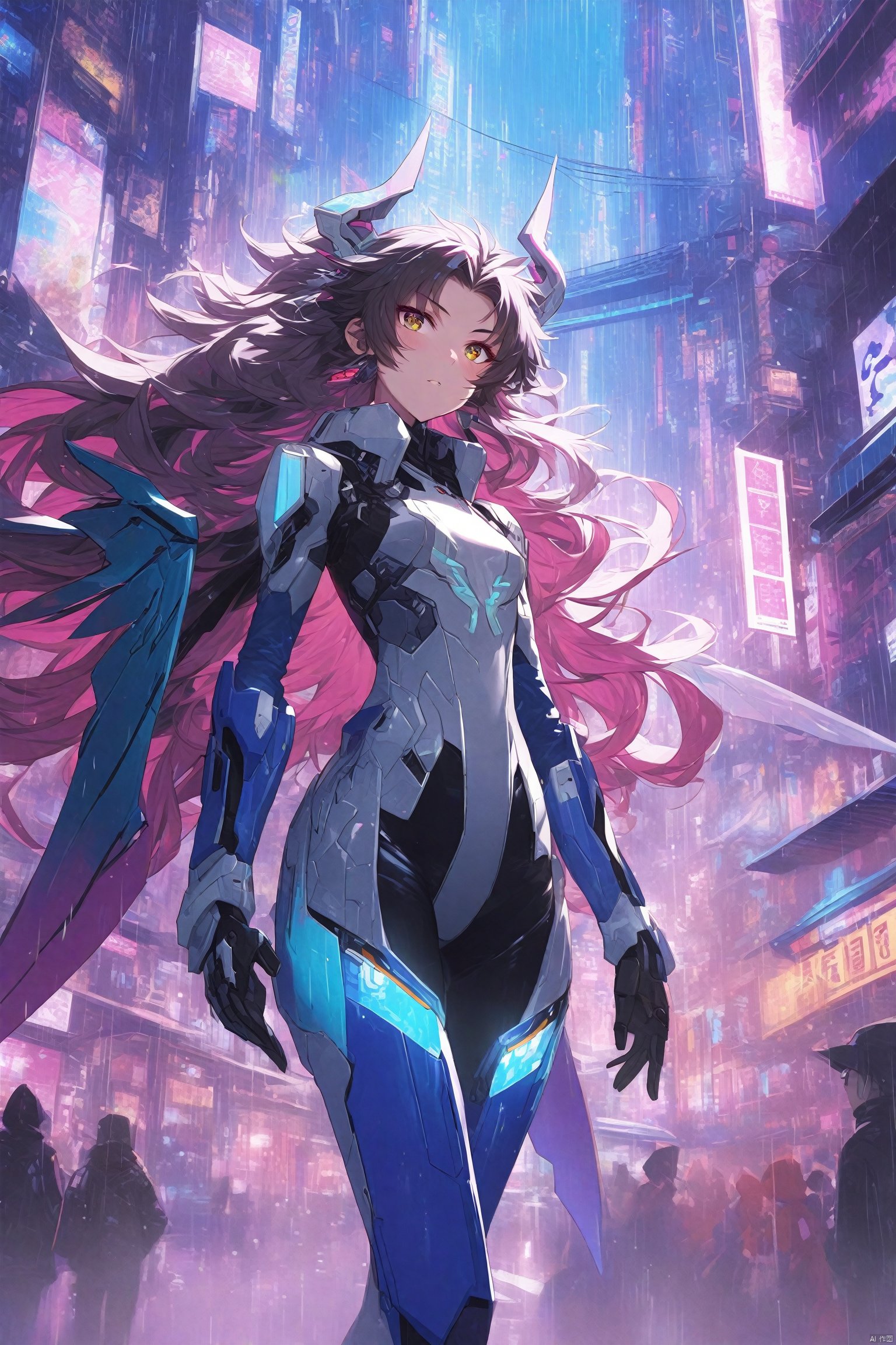  {{master piece}},best quality,illustration,1girl,small breast,beatiful detailed eyes,beatiful detailed cyberpunk city,flat_chest,beatiful detailed hair,wavy hair,beatiful detailed steet,mecha clothes,robot girl,cool movement,sliver bodysuit,{filigree},dargon wings,colorful background,a dragon  stands behind the girl,rainy days,{lightning effect},beatiful detailed sliver dragon arnour,（cold face）, myinv, (\lang lang\), tera kas