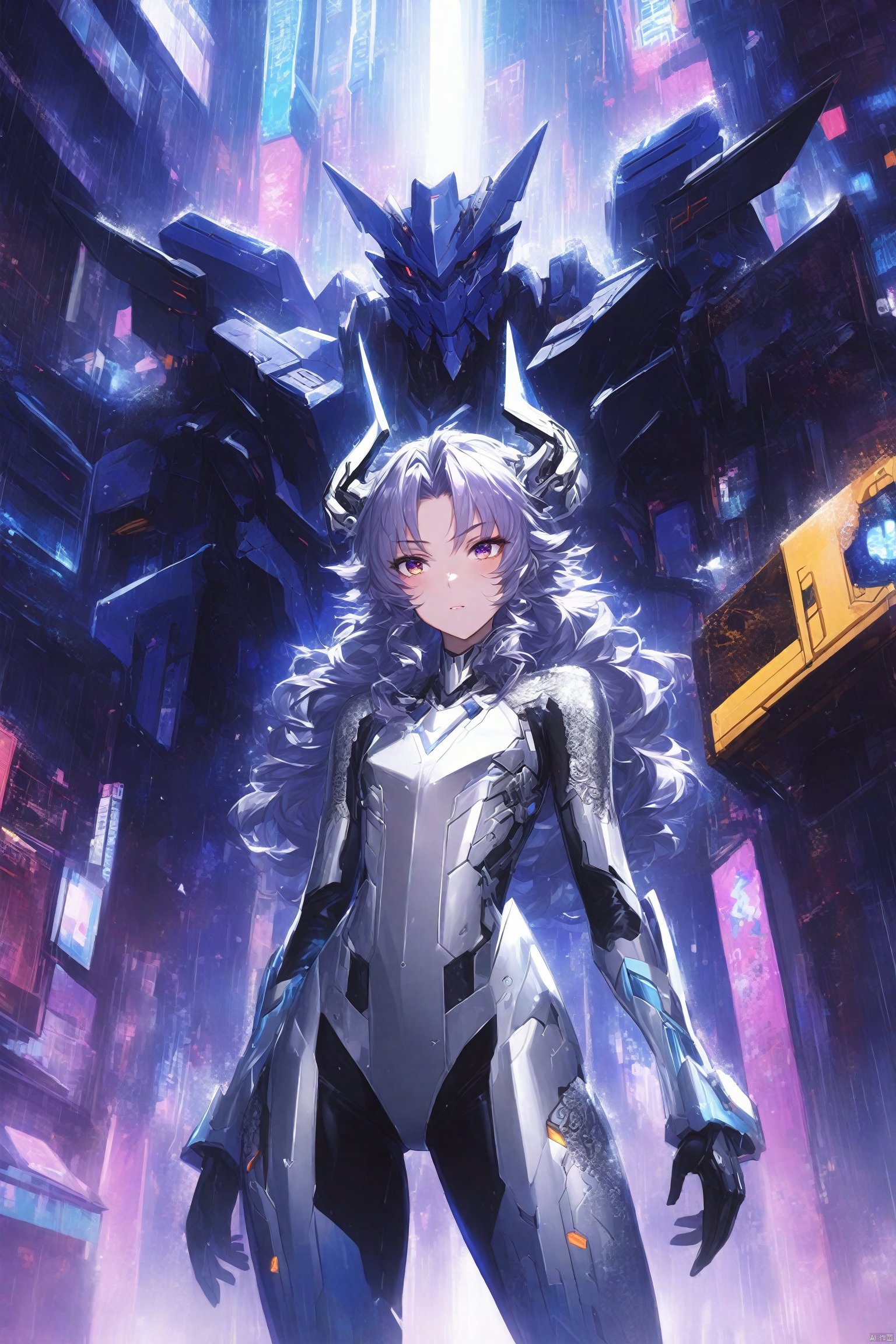  {{master piece}},best quality,illustration,1girl,small breast,beatiful detailed eyes,beatiful detailed cyberpunk city,flat_chest,beatiful detailed hair,wavy hair,beatiful detailed steet,mecha clothes,robot girl,cool movement,sliver bodysuit,{filigree},dargon wings,colorful background,a dragon  stands behind the girl,rainy days,{lightning effect},beatiful detailed sliver dragon arnour,（cold face）, myinv, (\lang lang\), tera kas