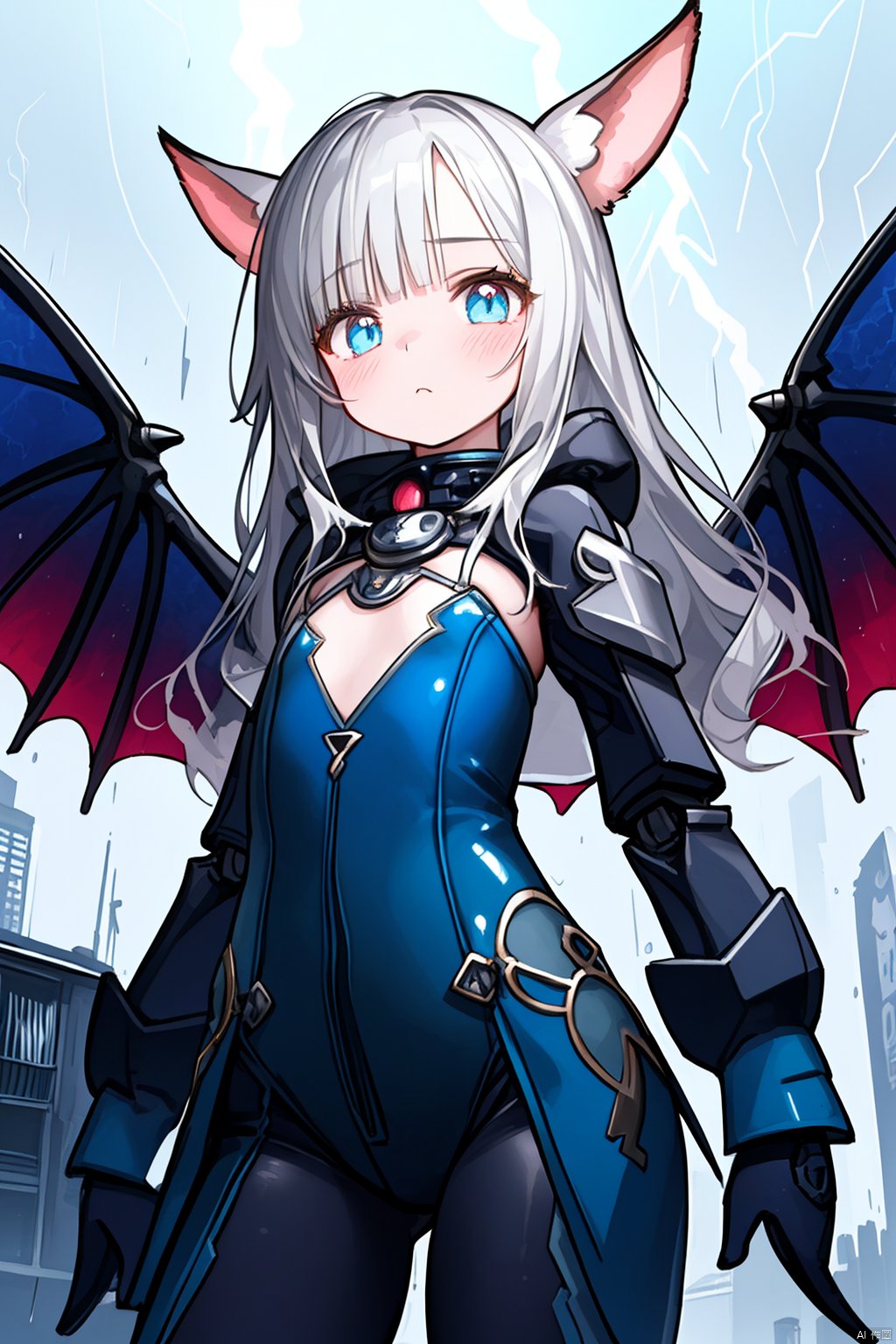  {{master piece}},best quality,illustration,1girl,small breast,beatiful detailed eyes,beatiful detailed cyberpunk city,flat_chest,beatiful detailed hair,wavy hair,beatiful detailed steet,mecha clothes,robot girl,cool movement,sliver bodysuit,{filigree},dargon wings,colorful background,a dragon  stands behind the girl,rainy days,{lightning effect},beatiful detailed sliver dragon arnour,（cold face）, myinv, (\lang lang\),, elin