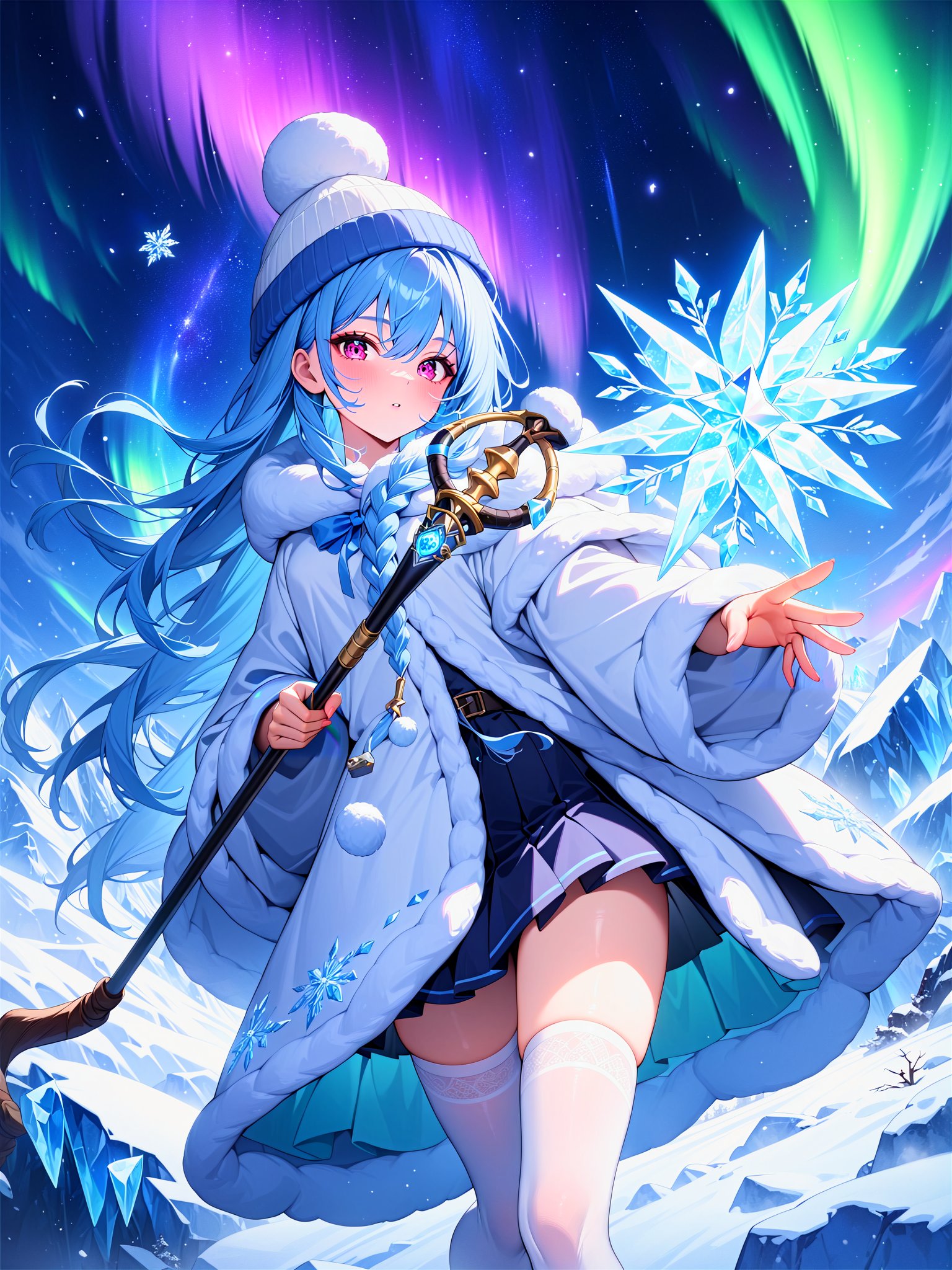 masterpiece, best quality, newest, 1girl, cute girl, teenager, pink eyes, ice blue hair, braid, long hair, small breasts, robe, holding staff, fur trim, knit hat, wizard, blue skirt, miniskirt, thighhighs, white legwear, starry sky, star, aurora, night, snow, snow field, glacier, magic Circle, staff, ice Crystal, ice particle, ice flower, feet out of frame, acing viewer, 