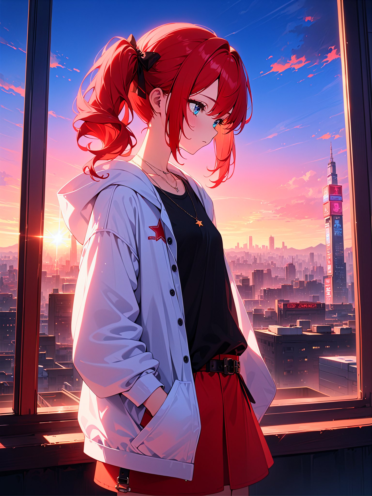 masterpiece, best quality, newest, 1girl, cute girl, teenager, blue eyes, red hair, side ponytail, small breasts, black shirt, white hooded jacket, loose shirt, black bow, red skirt, necklace, belt, expressionless, closed mouth, hand in pocket, twilight, dusk, sunset, cityscape, neon lights, star \(sky\), sunlight, looking afar,