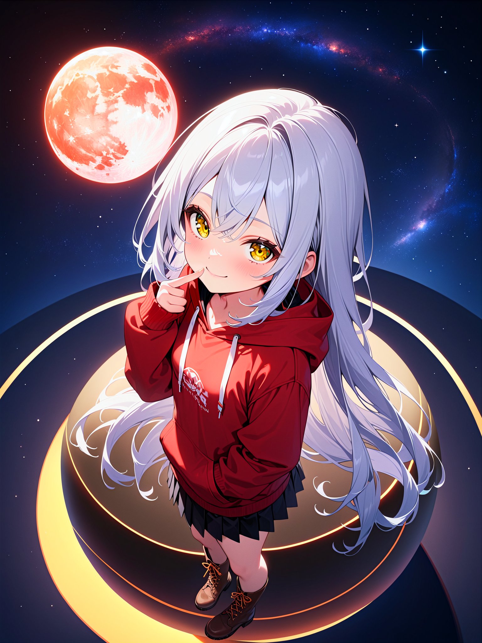 masterpiece, best quality, newest,1girl, cute girl,skinny, petite, 14 years old, small breasts, blonde eyes, yellow eyes, (silver hair:1.4), very long hair,hoodie, red shirt , black skirt, pleated skirt, brown boots,starry sky, star \(sky\), full moon, milky way,from above, standing, finger to cheek, tiltingclosed mouth, smile, doyagao, hand in pocket, blue moon, on the sphere, 