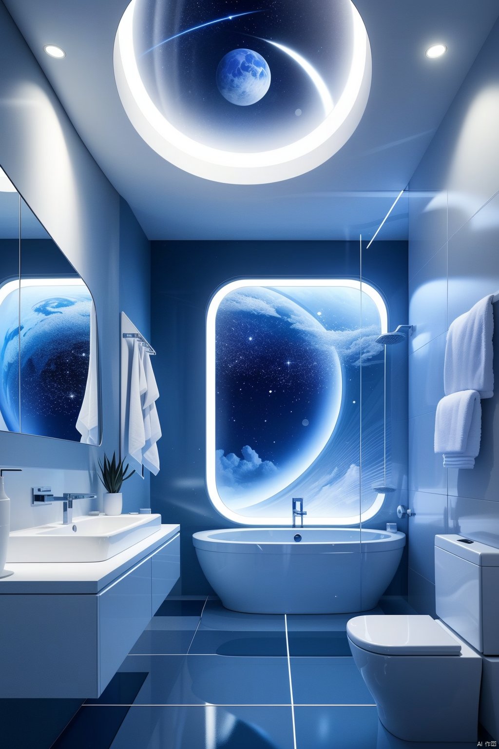  Bathroom,scenery, no humans, space, star \(sky\), window, indoors, blue theme