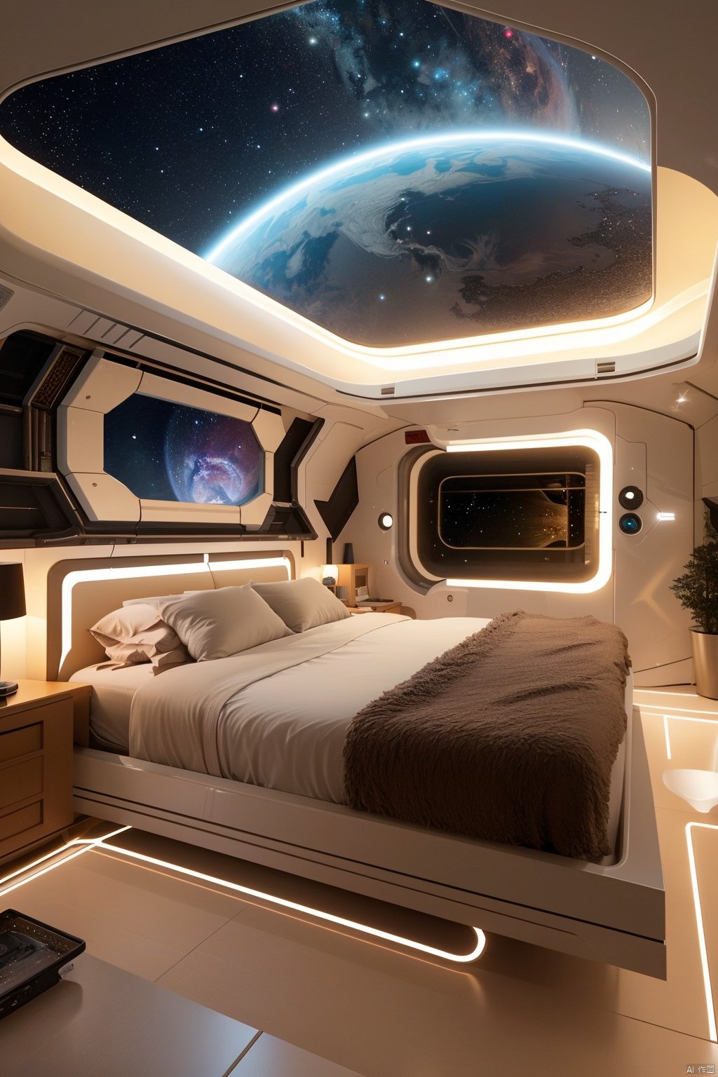  The bedroom,planet, space, no humans, earth \(planet\), science fiction, realistic, spacecraft, indoors