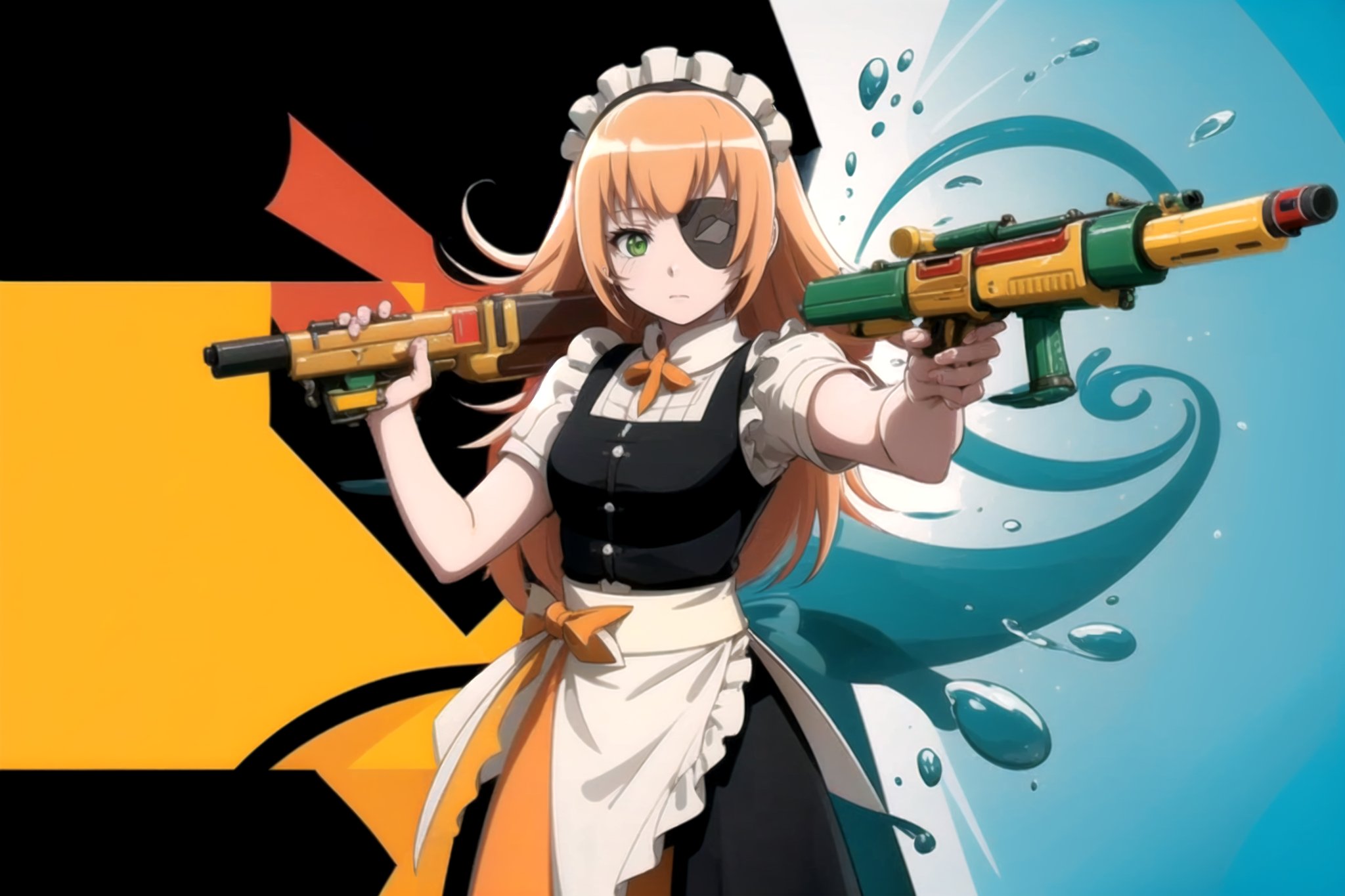 //Quality, (masterpiece), (best quality), 8k illustration,
//Character,
1girl , solo,

,cz2128 delta, pink color hair, orange color hair, peach color hair, black eyepatch on right-sided eyes, green eyes, maid outfit, holding gun, machine gun,Songkran Festival,

water splash, water festival, water gun, sand castle, water bucket, golden pagoda, golden temple, festival flags, effect of flowing water, colorful style, Thailand decoration, colorful swimming glasses, water effect