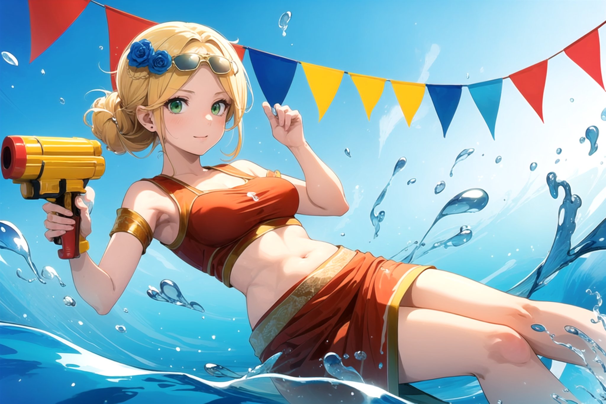 //Quality, (masterpiece), (best quality), 8k illustration,
//Character,
1girl , solo, 

 ,,Laykus, long hair, blonde hair, green eyes, hair ornament, one-sided big braid hair, one blue rose on her head,Songkran Festival,

water splash, water festival, water gun, sand castle, water bucket, golden pagoda, golden temple, festival flags, effect of flowing water, colorful style, Thailand decoration, colorful swimming glasses,

joyfully splashing water during the Songkran festival, capturing the vibrant atmosphere of celebration.