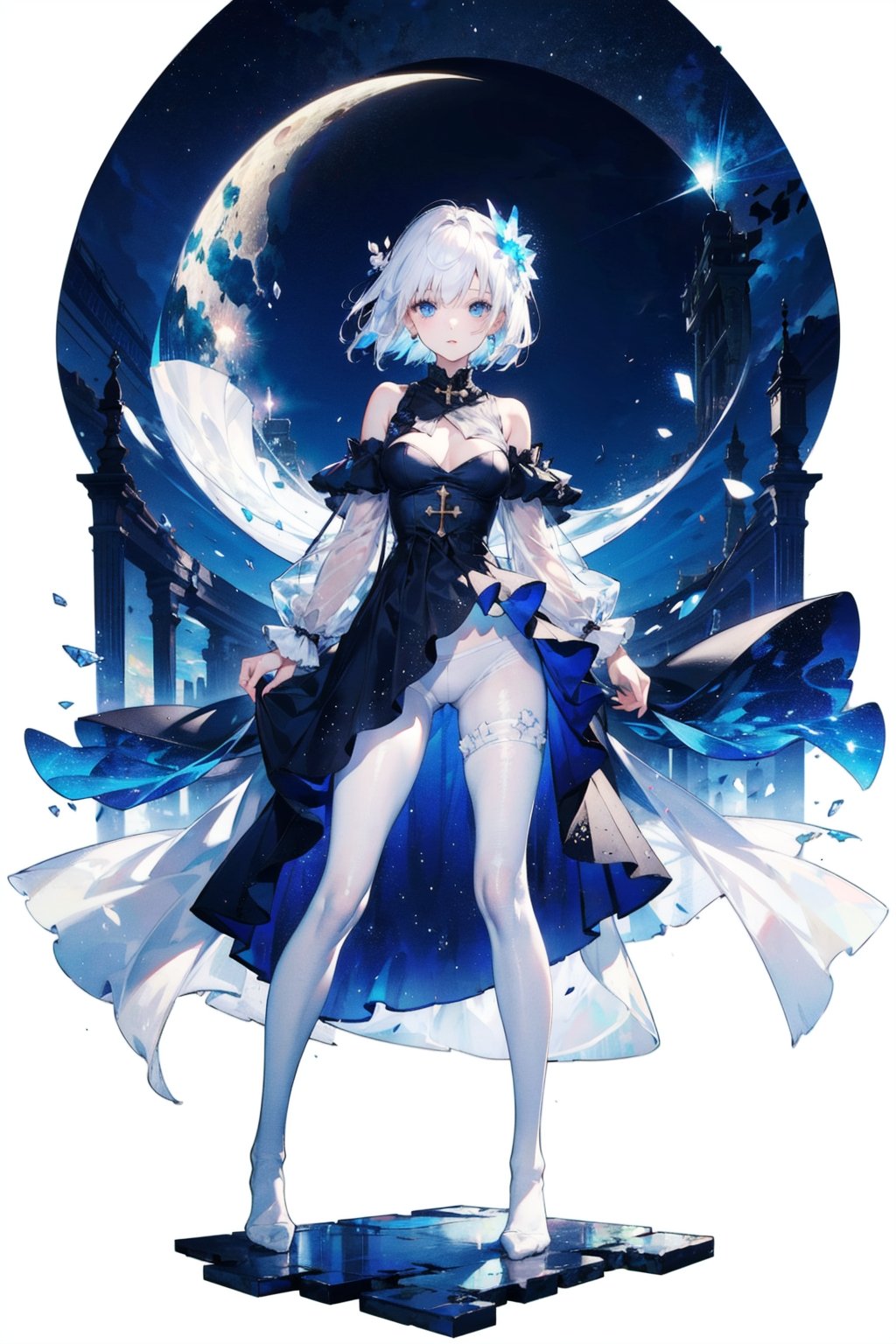 1 girl,starry sky,(White with luster (transparency:1.4) Crotchless pantyhose),moon,Picturesque aesthetic style,Blurred foreground,spark,white hair,blue eyes,no shoes,cross_leg,