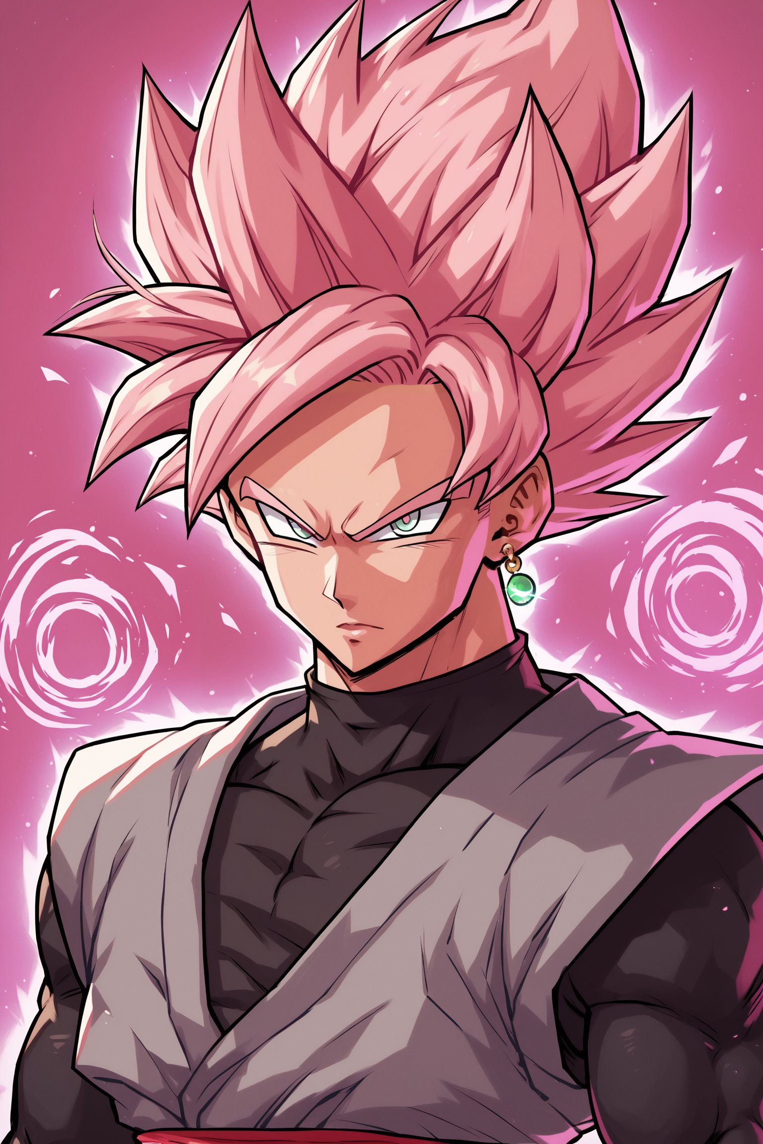 score_9, score_8_up, score_7_up, score_6_up, score_5_up, score_4_up, rosev3, spiked hair, pink hair, grey eyes, super saiyan, single earring, Dougie, aura, pink aura