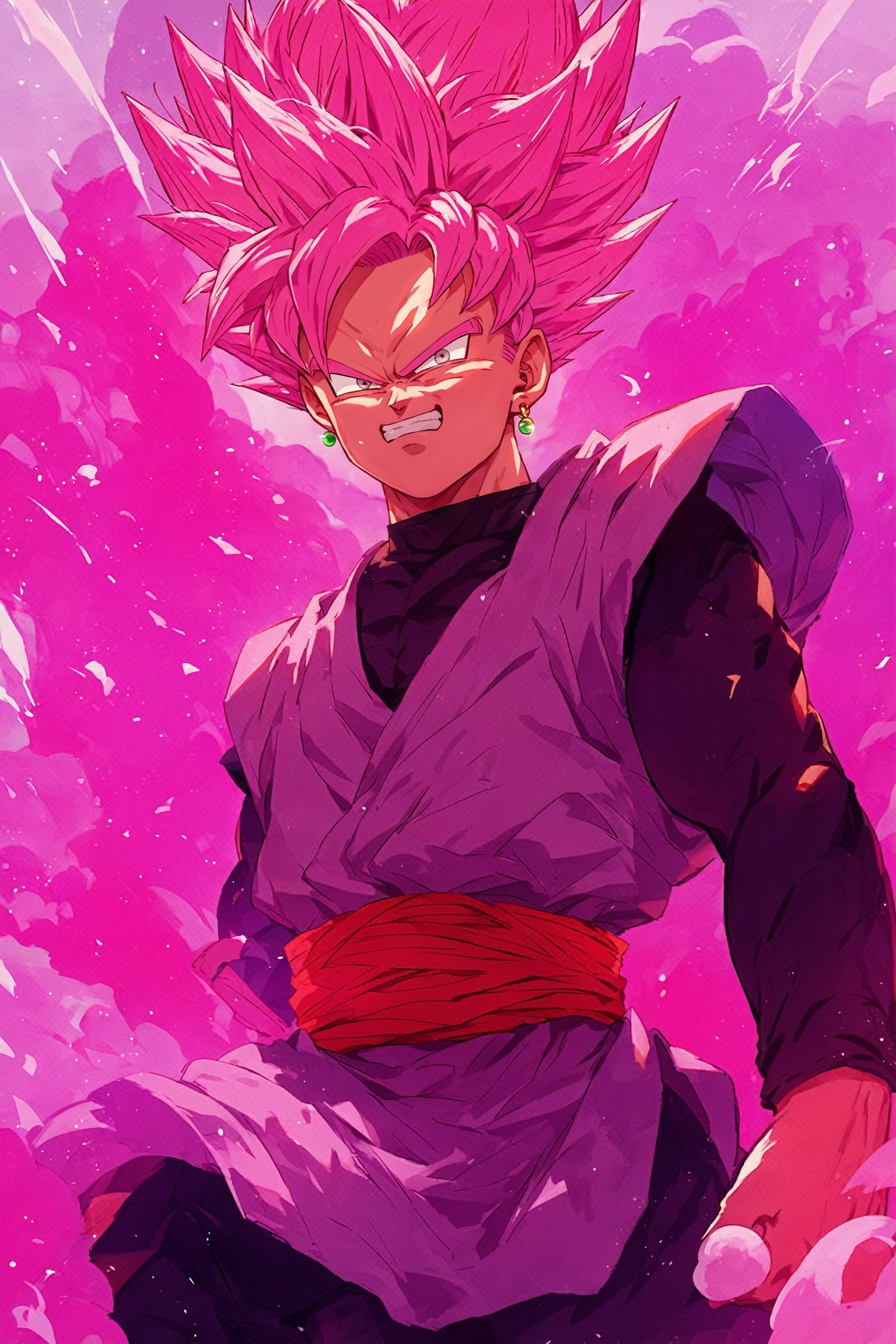 score_9, score_8_up, score_7_up, score_6_up, rosev3, spiked hair, pink hair, grey eyes, super saiyan, single earring, Dougi, rating_questionable, source_anime, dragon ball super artstyle, solo, male focus 