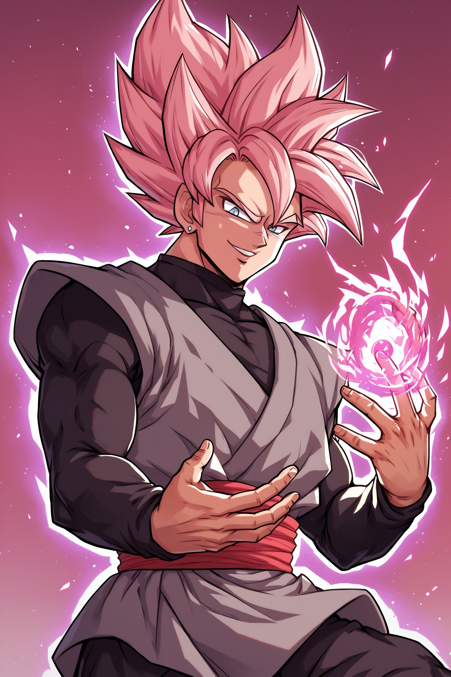 score_9, score_8_up, score_7_up, score_6_up, score_5_up, score_4_up, rosev3, spiked hair, pink hair, grey eyes, super saiyan, single earring, Dougi, aura, evil smile, ki 