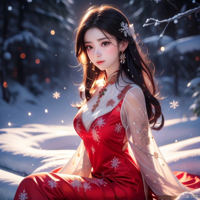 Medium: Ultra-fine painting. Subject: A young woman in a red,  dress adorned with jade jewelry,  sitting gracefully. Emoti...