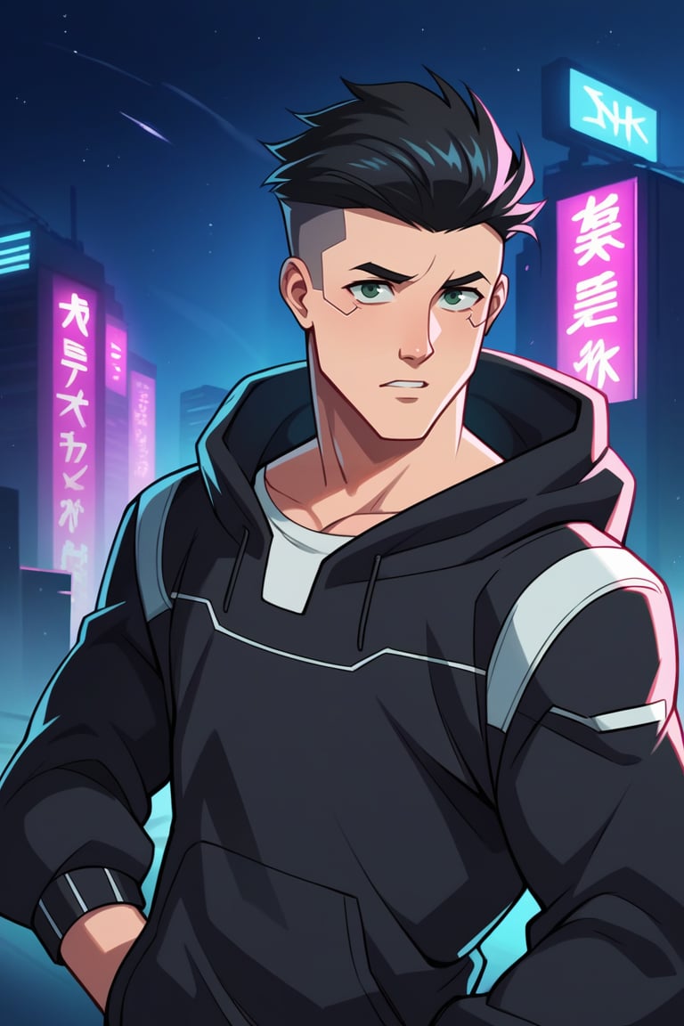 Rating_safe, Score_9, score_8_up, score_7_up, score_6_up, score_5_up, score_4_up,  1boy,  m@rk, short hair, black hair, (muscular), BREAK, cyberpunk, futuristic, night time, neon lights, hoodie, dynamic pose, looking at viewer 