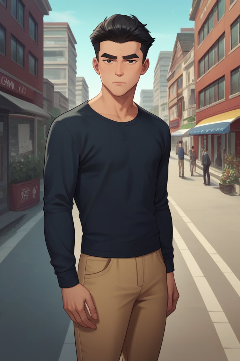 Rating_safe, Score_9, score_8_up, score_7_up, score_6_up, score_5_up, score_4_up,  1boy,  m@ark, short hairm black hair, dark blue shirt. long sleeves, Khaki Pants, looking at viewer, thick eyebrows, outdoors, city, cowboy shot, 