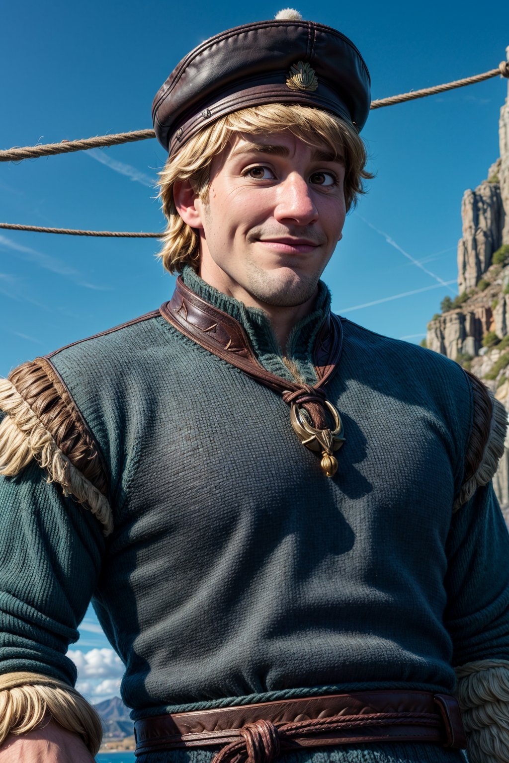 kristoff_bjorgman, solo, smile, blonde hair, 1man, stubble, muscular, hat, brown eyes, male focus, outdoors, sky, day, blue sky, rope