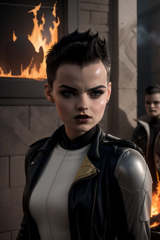 Negasonic, a beautiful young woman of 21 years of age. With a tomboy aesthetic. Short black hair, dark eyes, hard face. she is wearing a black jacket. she wears a rebellious girl outfit. In the background the fire everywhere. 1girl, Negasonic, sciamano240, fantasy style background