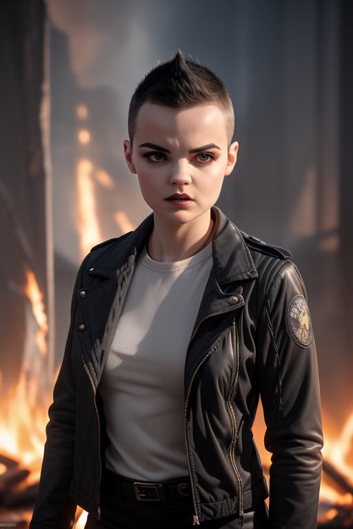 Negasonic, a beautiful young woman of 21 years of age. With a tomboy aesthetic. Short black hair, dark eyes, hard face. she is wearing a black jacket. she wears a rebellious girl outfit. In the background the fire everywhere. 1girl, Negasonic, sciamano240, fantasy style background,1 girl