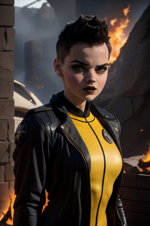 Negasonic, a beautiful young woman of 21 years of age. With a tomboy aesthetic. Short black hair, dark eyes, hard face. she is wearing a black jacket. she wears a rebellious girl outfit. In the background the fire everywhere. 1girl, Negasonic, sciamano240, fantasy style background