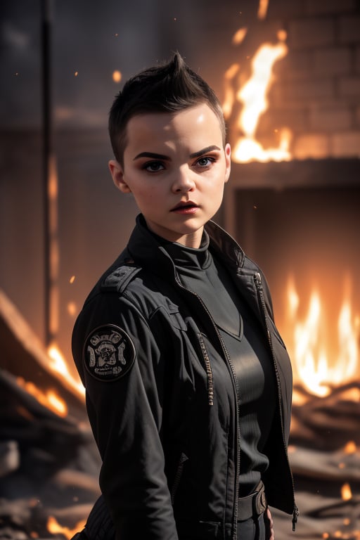 Negasonic, a beautiful young woman of 21 years of age. With a tomboy aesthetic. Short black hair, dark eyes, hard face. she is wearing a black jacket. she wears a rebellious girl outfit. In the background the fire everywhere. 1girl, Negasonic, sciamano240, fantasy style background,1 girl