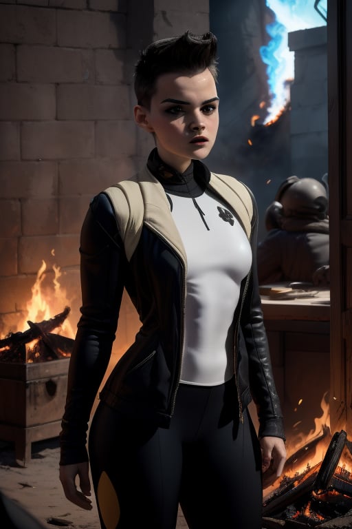 Negasonic, a beautiful young woman of 21 years of age. With a tomboy aesthetic. athletic and muscular body. Short black hair, dark eyes, hard face. she is wearing a black jacket. she wears a rebellious girl outfit. In the background the fire everywhere. 1girl, Negasonic, sciamano240, fantasy style background