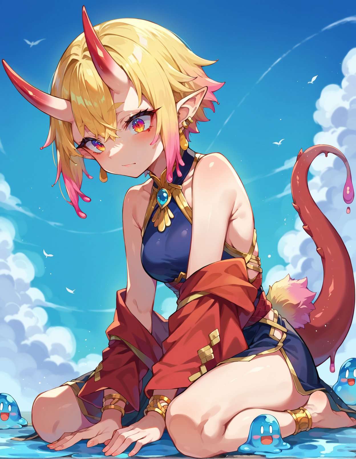 score_9, score_8_up, score_7_up, score_6_up, source anime, jewelry, gold trim,1girl, feather trim, solo, jewelry, blonde hair, earrings, multicolored hair, gradient hair, short hair,whorled clouds, blue sky, full body,oni horns, dragon tail, slime girl, rabbit tail, slit pupils, pointy ears, kuronagamimi,lack|kintadistortion