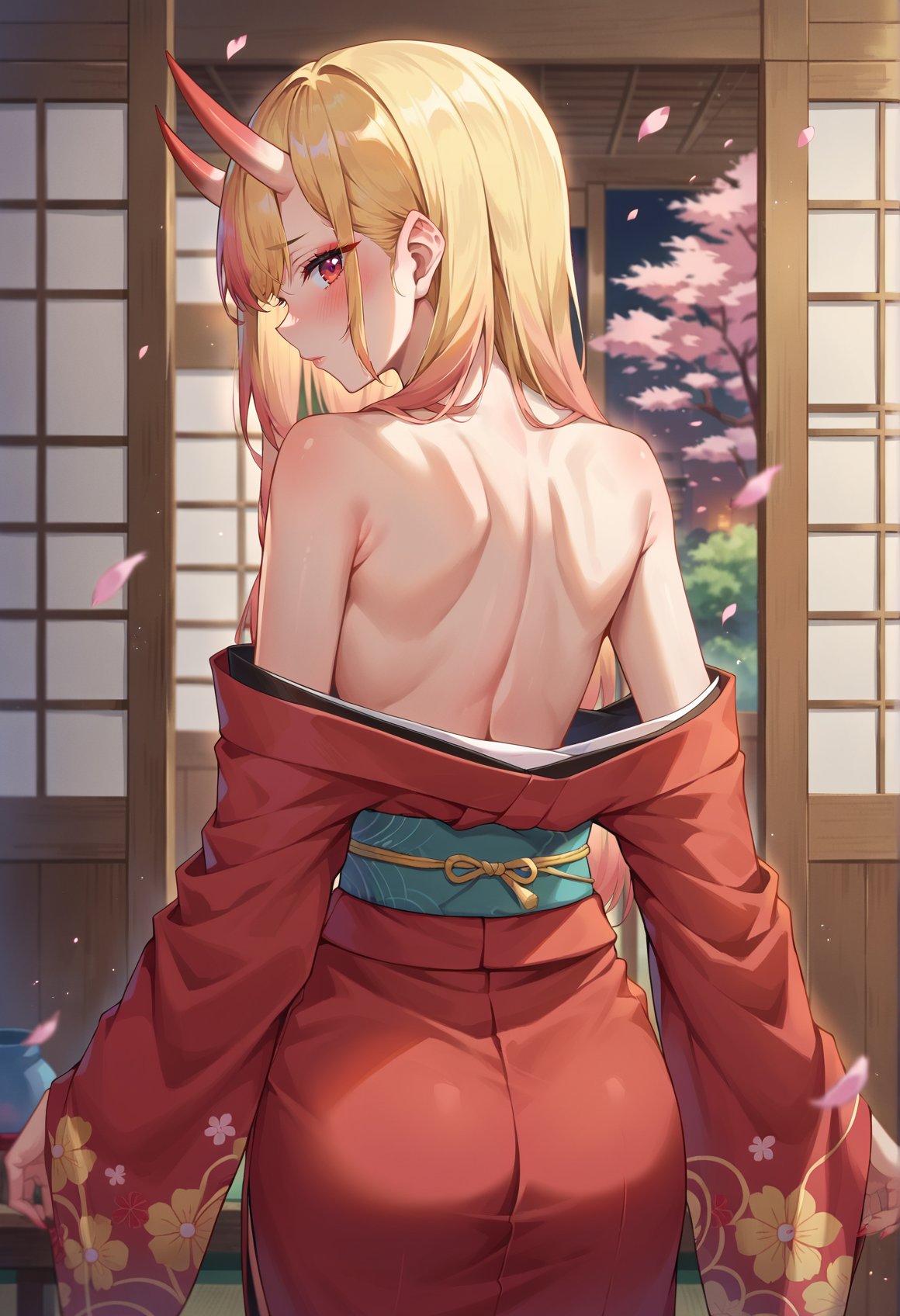 score_9, score_8_up, score_7_up, score_6_up, masterpeice, BREAKsource anime, nirampnxl, oni, kitagawa marin, oni horns, skin-covered horns, japanese clothes, red kimono, solo, blonde hair, red eyes, cowboy shot, indoors, bare shoulders, from behind, looking back, blush, cherry blossoms, depth of field, 