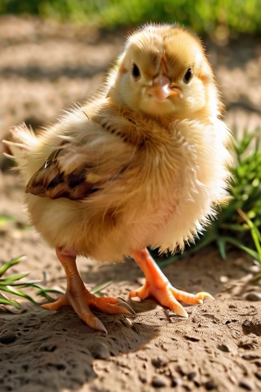 animal, bird, no_human, Adorable fluffy little chicken running in the sky, realistic painting style with intricate details, (close-up shot). 