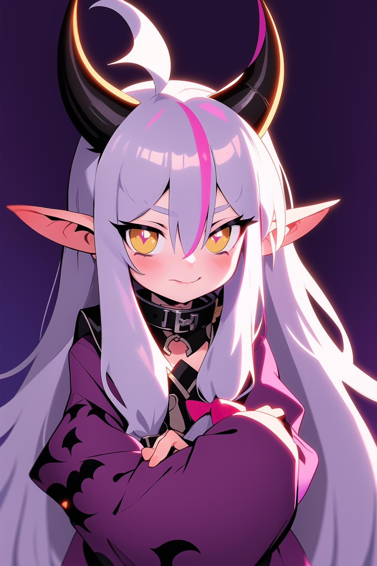 1girl, solo, long hair, looking at viewer, blush, smile, bangs, long sleeves, hair between eyes, closed mouth, yellow eyes, upper body, purple hair, braid, ahoge, grey hair, multicolored hair, horns, pointy ears, virtual youtuber, collar, streaked hair, sleeves past wrists, slit pupils, demon horns, sleeves past fingers, metal collar, striped horns, la+ darknesss