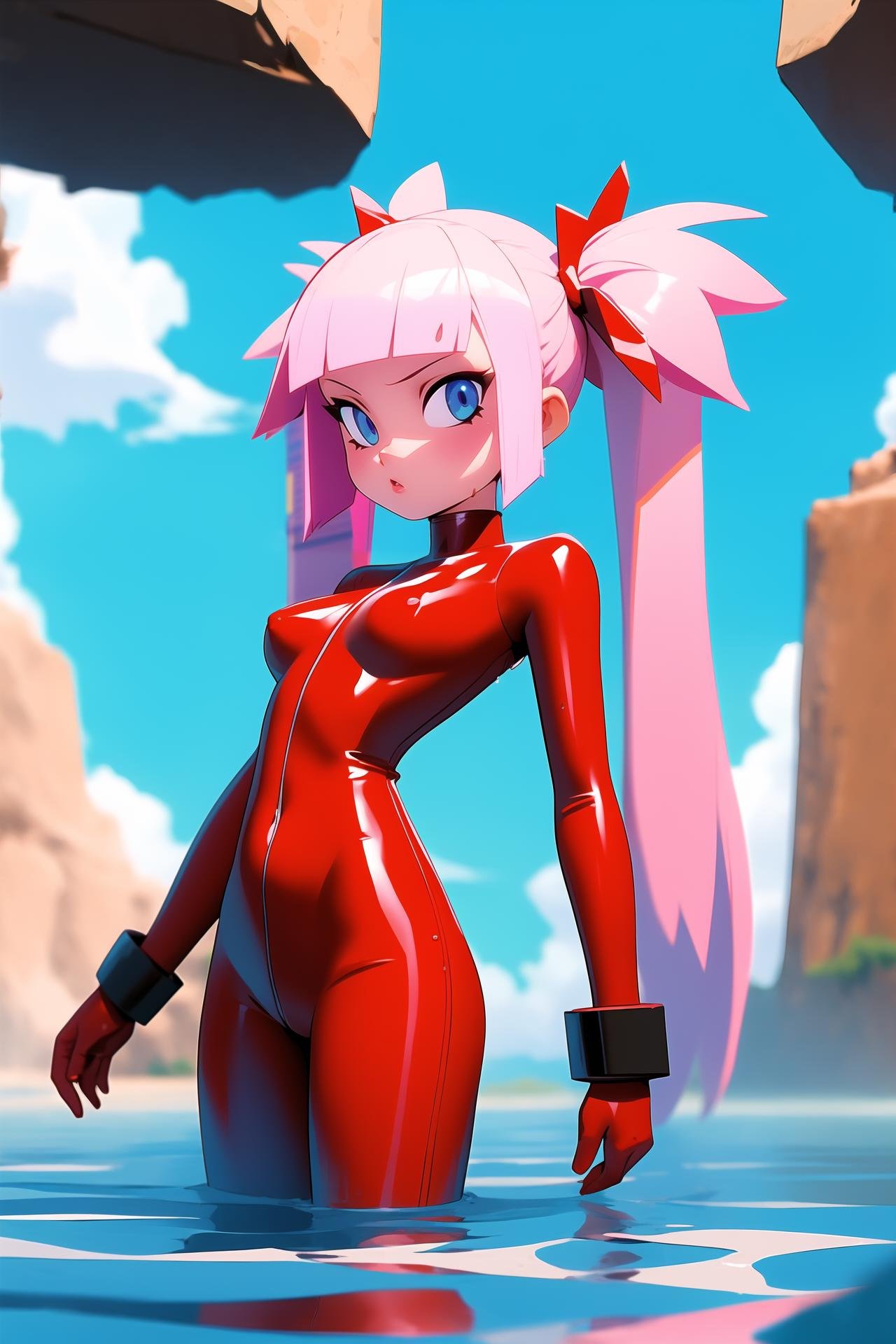 i want the whole image to be created in 3D anime style, 1girl, solo, long hair, breasts, looking at viewer, bangs, blue eyes, gloves, twintails, medium breasts, pink hair, white hair, multicolored hair, cowboy shot, outdoors, sky, day, water, wet, torn clothes, bodysuit, covered navel, building, wet clothes, skin tight, wading, partially submerged, latex, red bodysuit, latex bodysuit