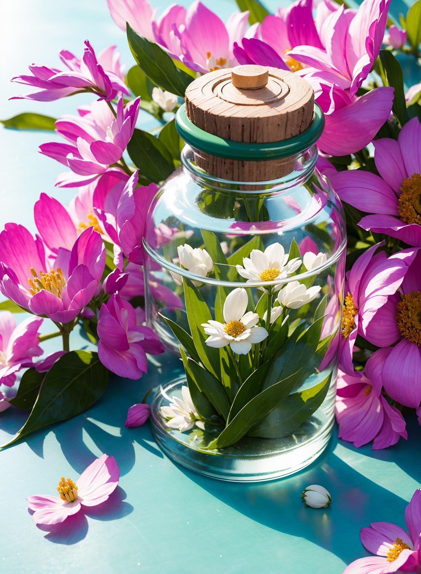 a realistic photo of Spring in a bottle