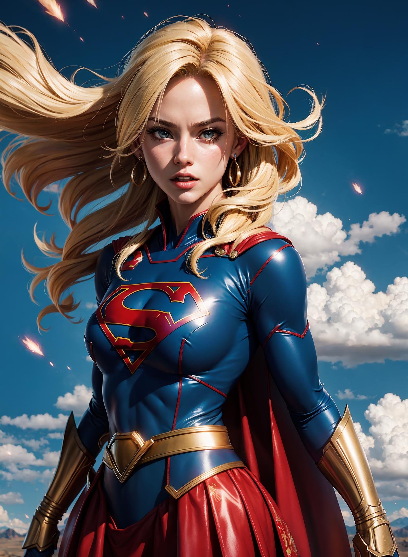 nijistyle, cowboy shot of supergirl, blonde hair, cape, particles, clouds, sky