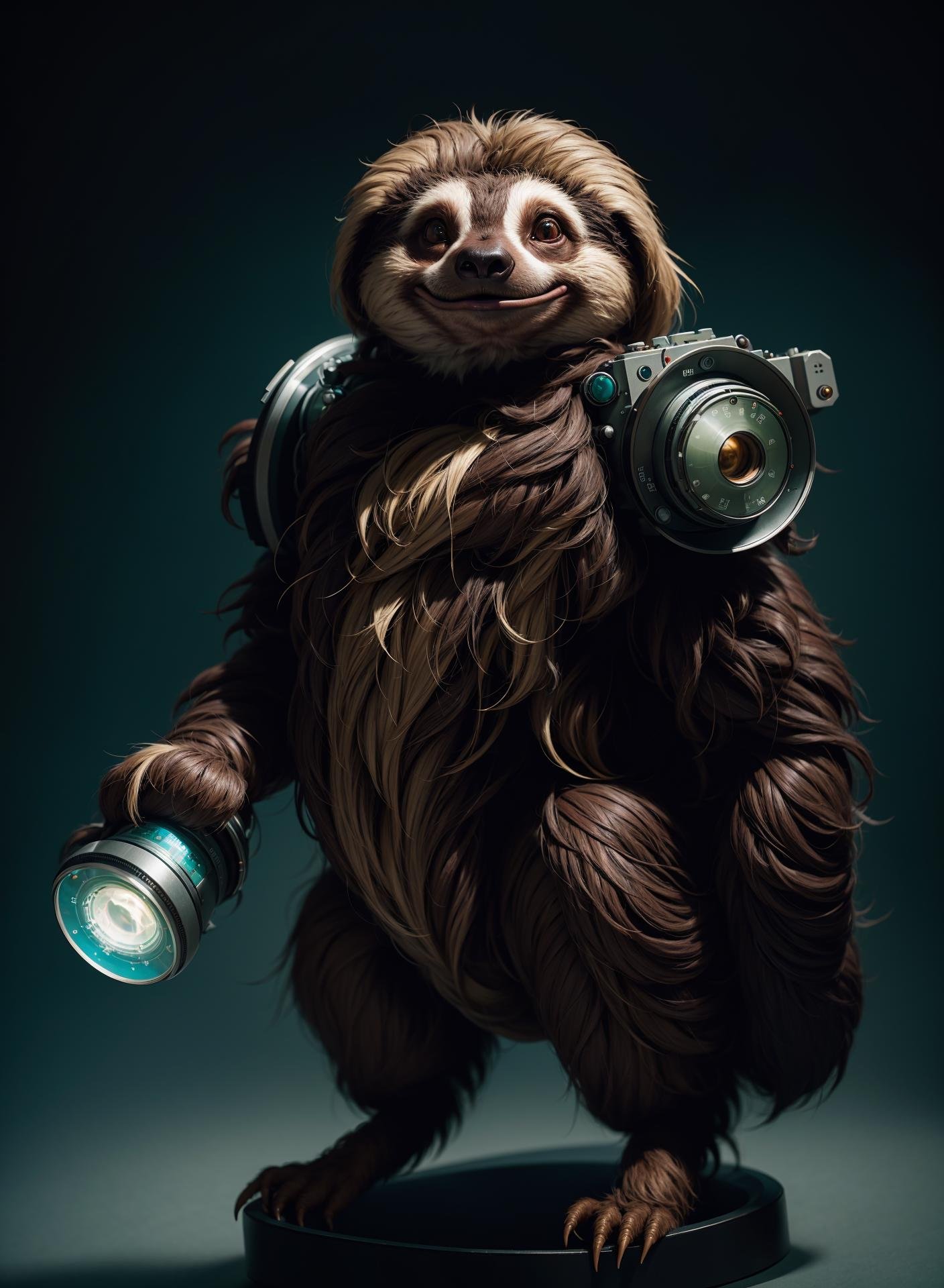 postapocalypse, highly detailed RAW color photo, of a (wise old sloth:1.2), atompunk_\(setting\), Cyrillic, (retrofuturism), mechanical, gears, vivid details, (oil:0.6), (([Tesla Coil|Nixie Tube])), (highly detailed, hyperdetailed), (bloom:0.4), soft lighting, (side lighting:0.8), shadow casting, deep focus, photographed on a Sony Alpha 7 IV Full-frame Mirrorless Camera, 24mm lens, F/8 aperture, film still