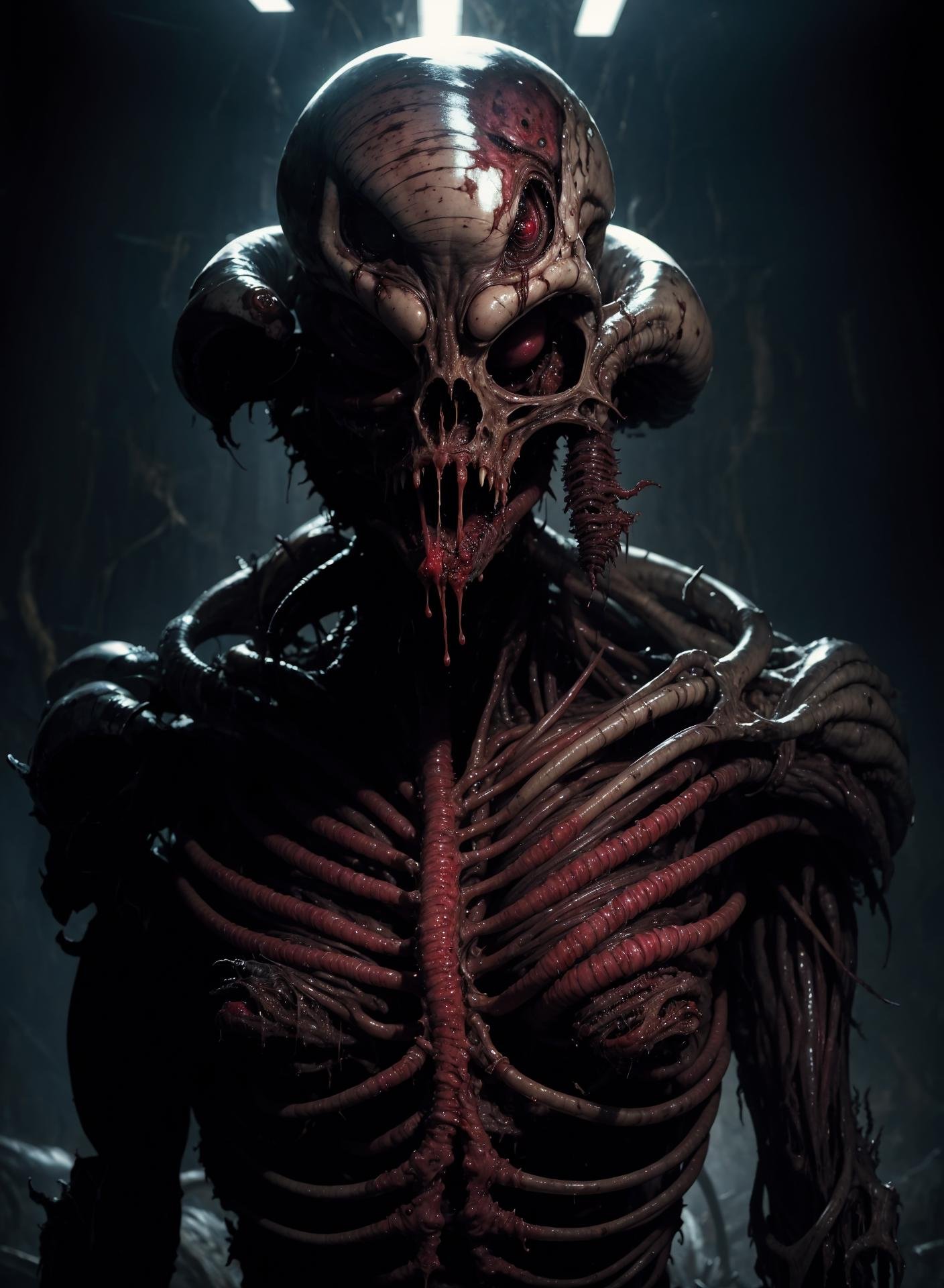 best quality, high_resolution, distinct_image,alien , giger, viscera, post-apocalypse, peeled flesh, guro,broken creature, deadman