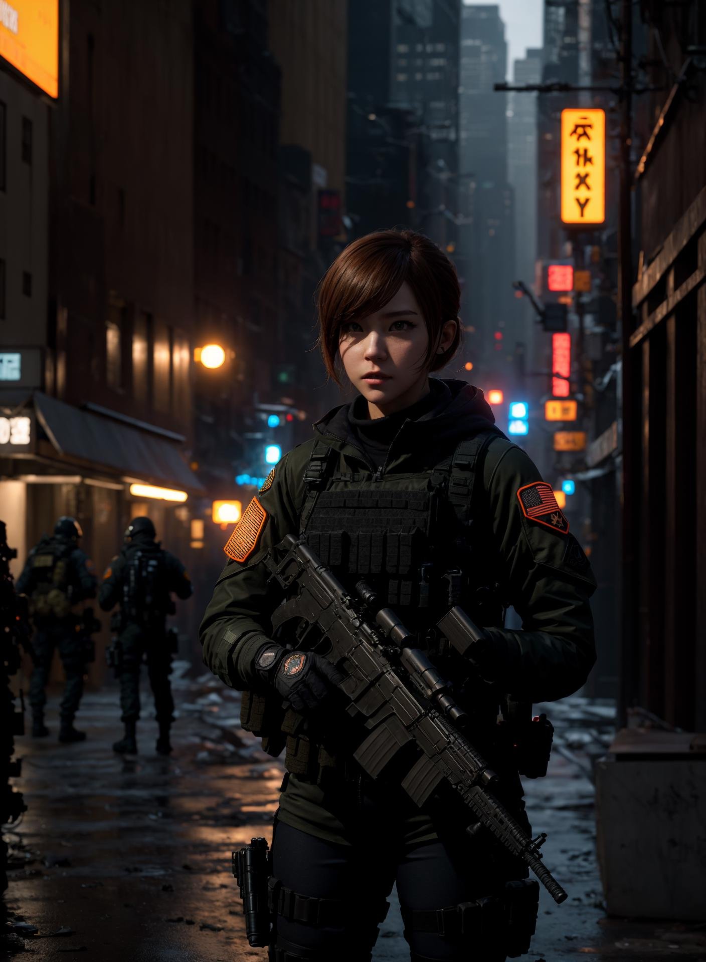 newyork city in biohazard environment , special forces soldier style // delicate colorful 3D model of anime girl cosplay as an agent in The Division series game, tacticool agent outfit, fantasy model