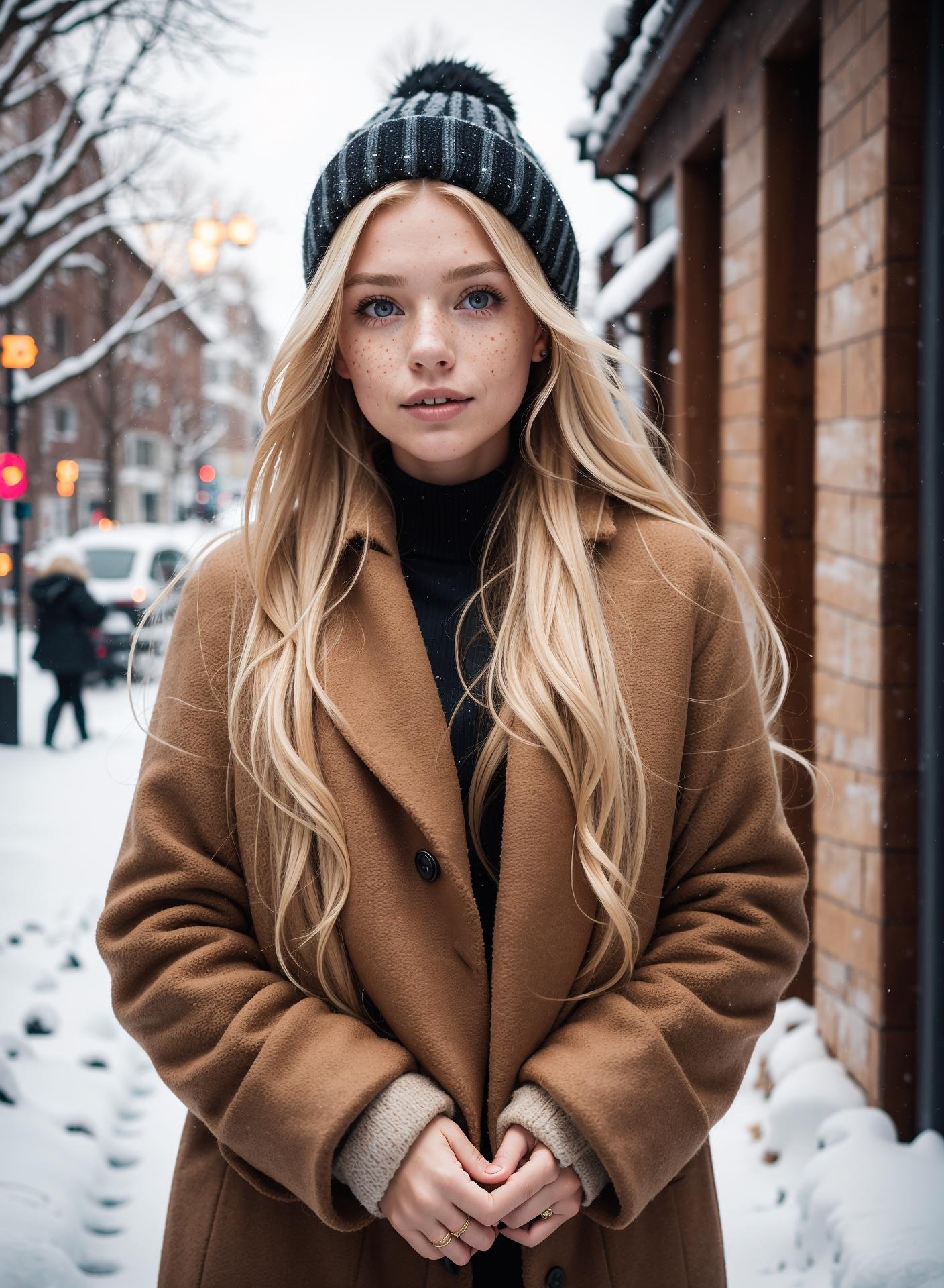 professional portrait photograph of a gorgeous Norwegian girl in winter clothing with long wavy blonde hair, sultry flirty look, freckles, gorgeous symmetrical face, cute natural makeup, wearing elegant warm winter fashion clothing, standing outside in snowy city street