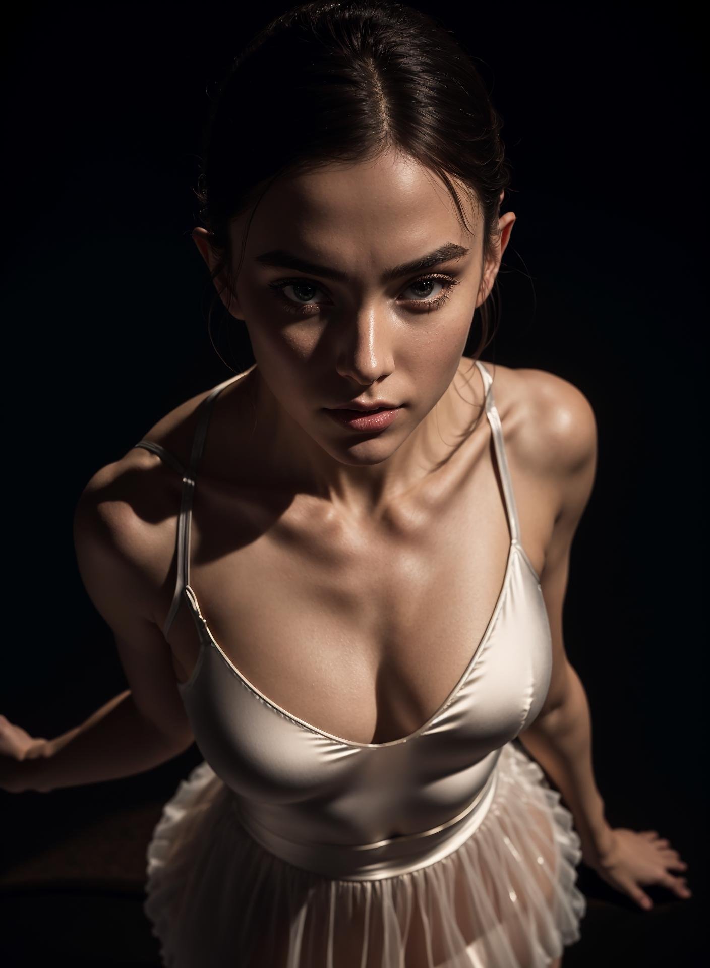 ballerina, cleavage, (view from above:1.5),(detailed face, detailed eyes, clear skin, clear eyes), lotr, fantasy, elf, female, full body, looking at viewer, portrait, photography, detailed skin, realistic, photo-realistic, 8k, highly detailed, full length frame, High detail RAW color art, piercing, diffused soft lighting, shallow depth of field, sharp focus, hyperrealism, cinematic lighting